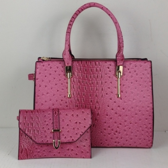 Hot Pink Faux Ostrich Brahmin-Like Hand-Bag Crossbody W/Matching Wristlet NWOT - Picture 11 of 16